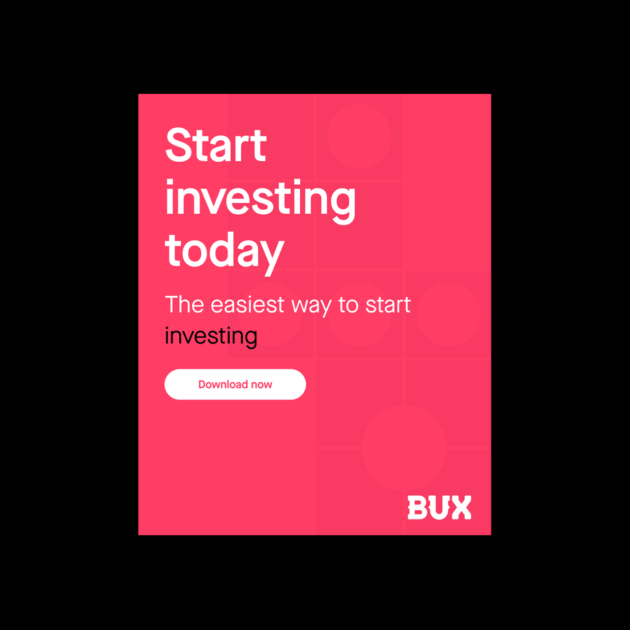 BUX 'start investing today' onboarding card — red