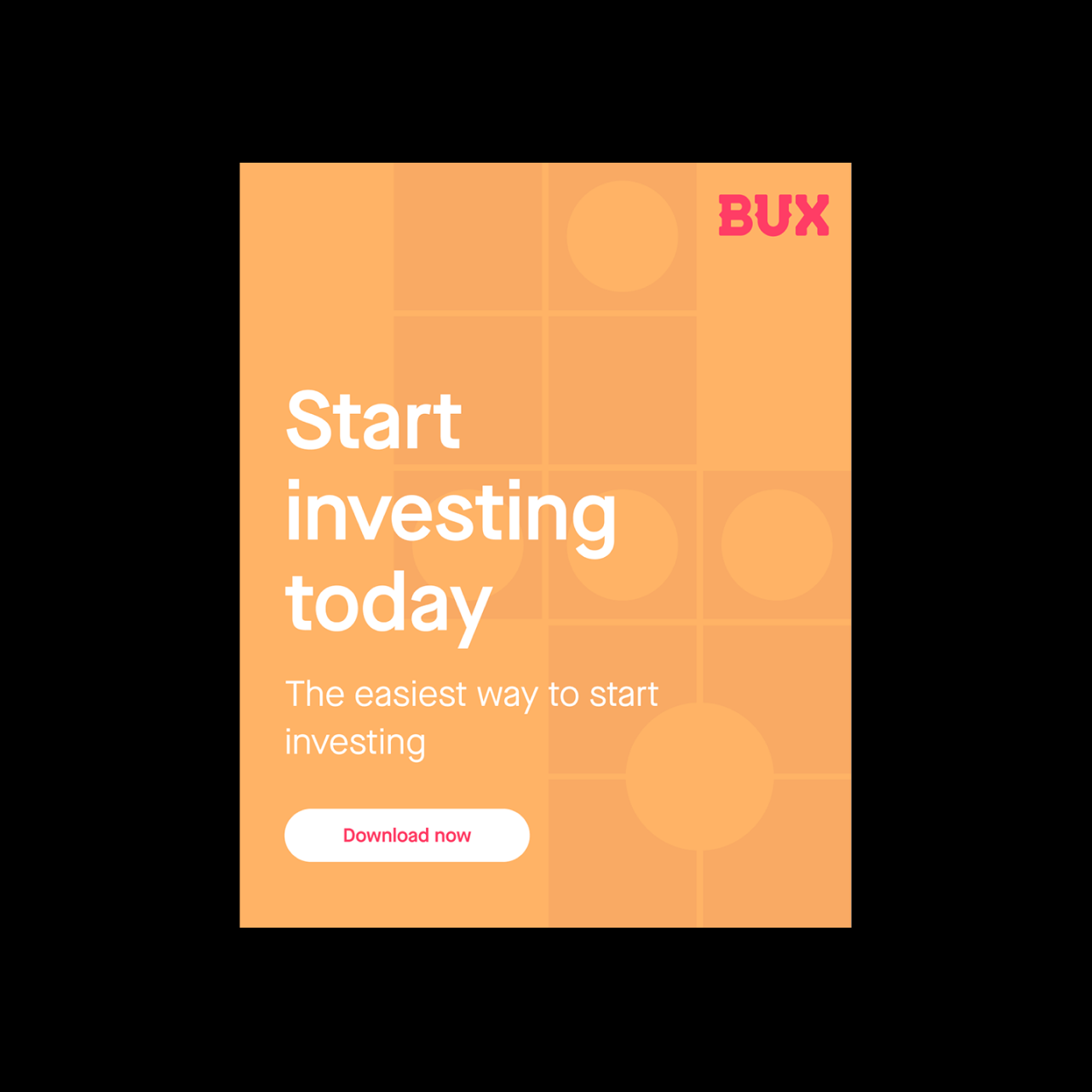 BUX 'start investing today' onboarding card — orange