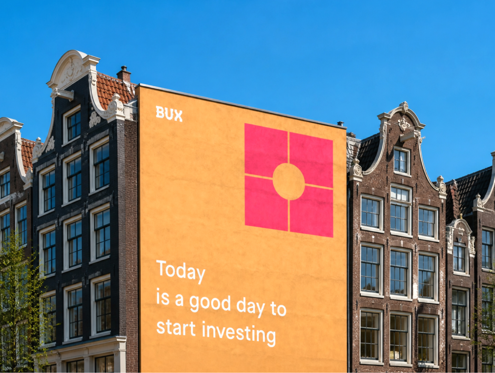 BUX device mark on a large building-wall billboard in Amsterdam