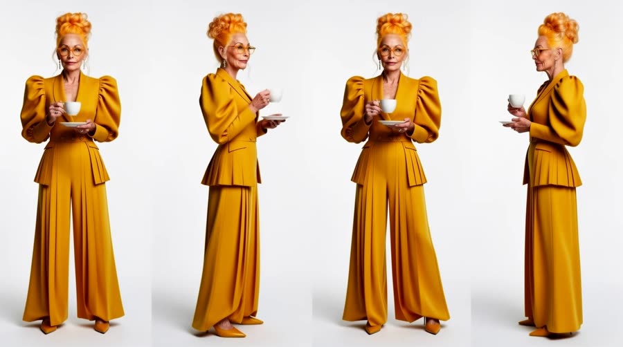 Turnaround for the woman in her yellow outfit, four views