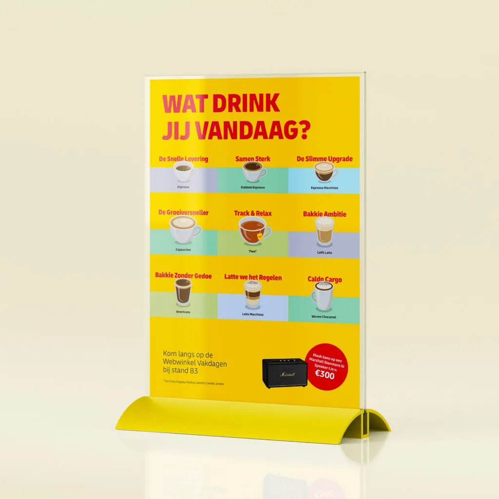 The “Wat drink jij vandaag?” menu standing on the coffee bar